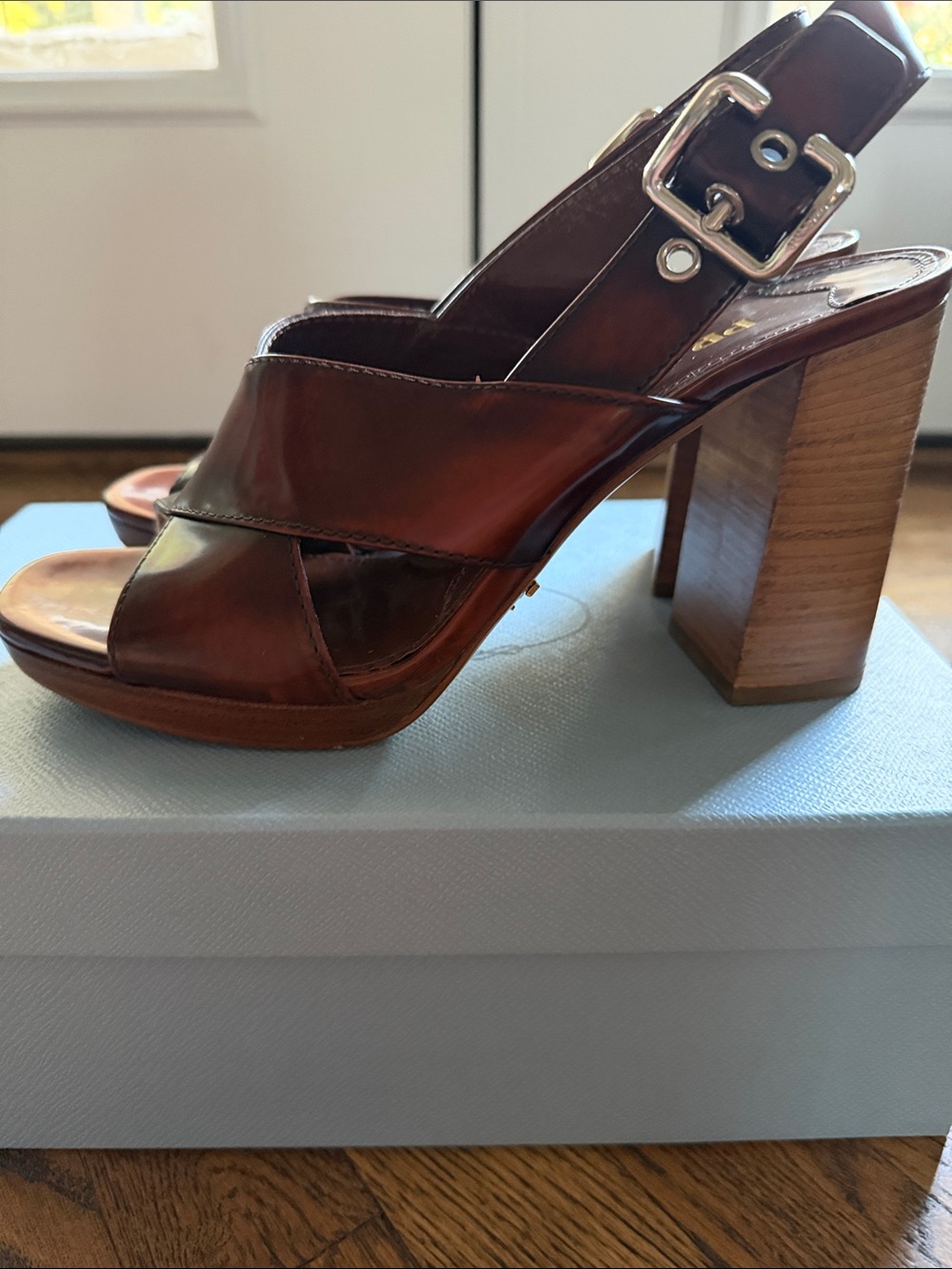 Prada Dark Brown Leather Crisscross Slingback Heels - Picture 2 of 6